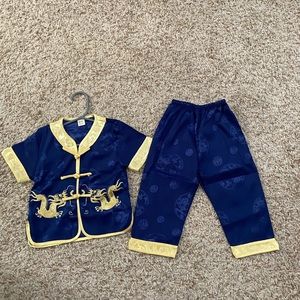 Blue and Gold Chinese silk Outfit